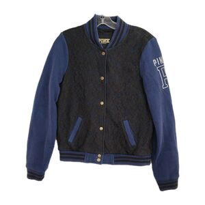 Victoria's Secret PINK Snap-Up Jacket Women's S Blue w/ Black Lace Long Sleeves